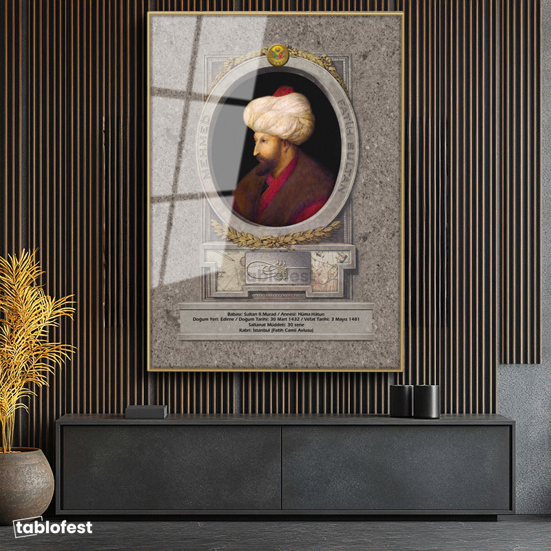Altın Renk Metal Çerçeveli Tamperli Cam Tablo Fatih Sultan Mehmed Klasik Portre Osmanlı Tablosu Duvar Dekoru