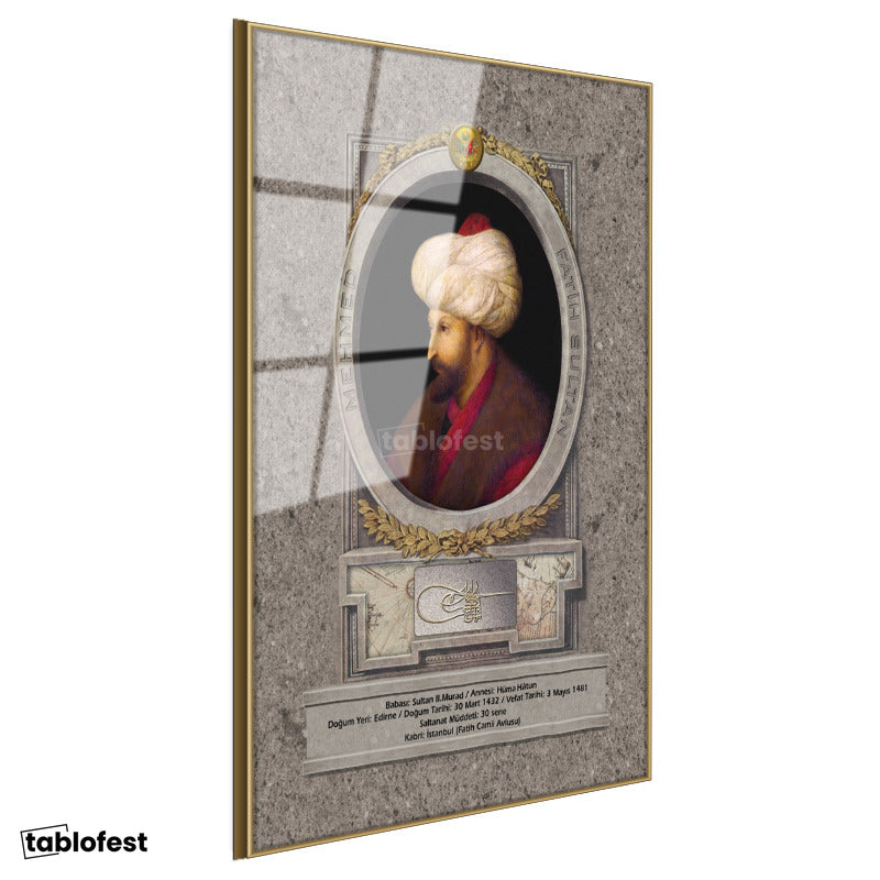 Altın Renk Metal Çerçeveli Tamperli Cam Tablo Fatih Sultan Mehmed Klasik Portre Osmanlı Tablosu Duvar Dekoru