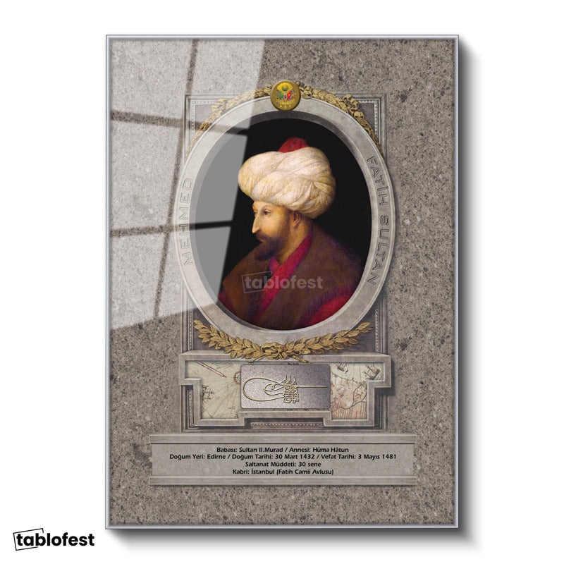 Gümüş Renk Metal Çerçeveli Tamperli Cam Tablo Fatih Sultan Mehmed Klasik Portre Osmanlı Tablosu Duvar Dekoru