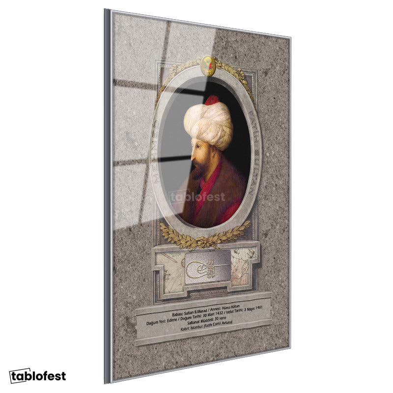 Gümüş Renk Metal Çerçeveli Tamperli Cam Tablo Fatih Sultan Mehmed Klasik Portre Osmanlı Tablosu Duvar Dekoru