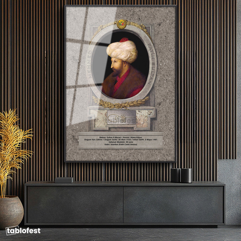 Siyah Renk Metal Çerçeveli Tamperli Cam Tablo Fatih Sultan Mehmed Klasik Portre Osmanlı Tablosu Duvar Dekoru