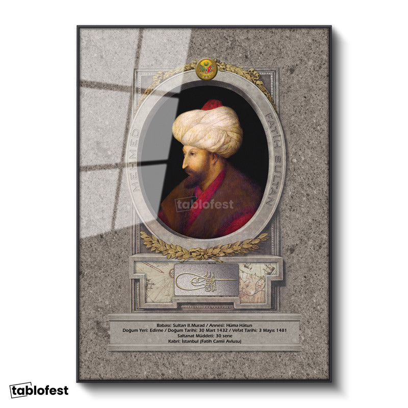 Siyah Renk Metal Çerçeveli Tamperli Cam Tablo Fatih Sultan Mehmed Klasik Portre Osmanlı Tablosu Duvar Dekoru