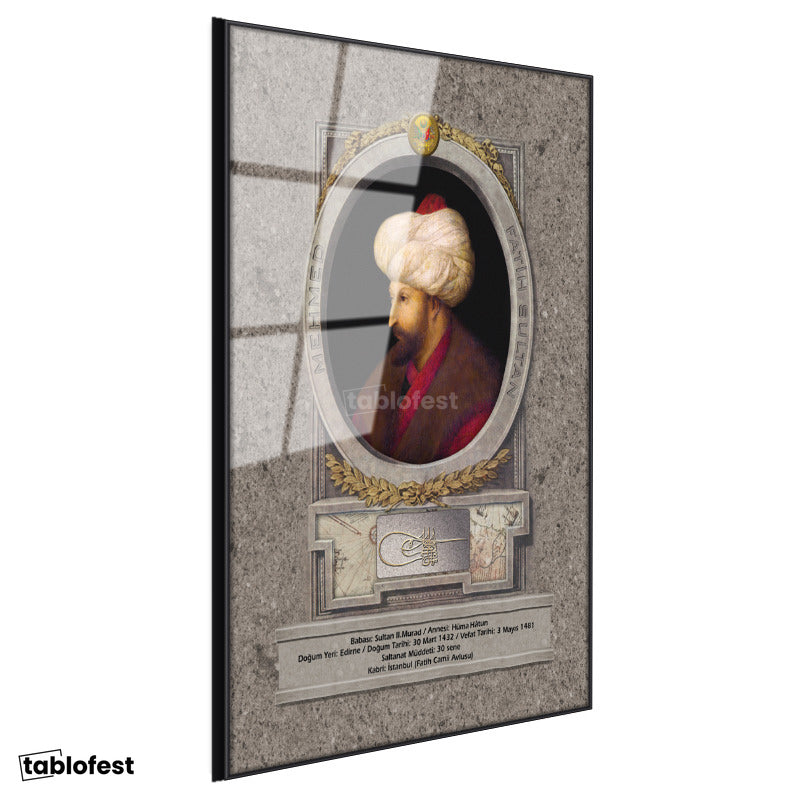 Siyah Renk Metal Çerçeveli Tamperli Cam Tablo Fatih Sultan Mehmed Klasik Portre Osmanlı Tablosu Duvar Dekoru