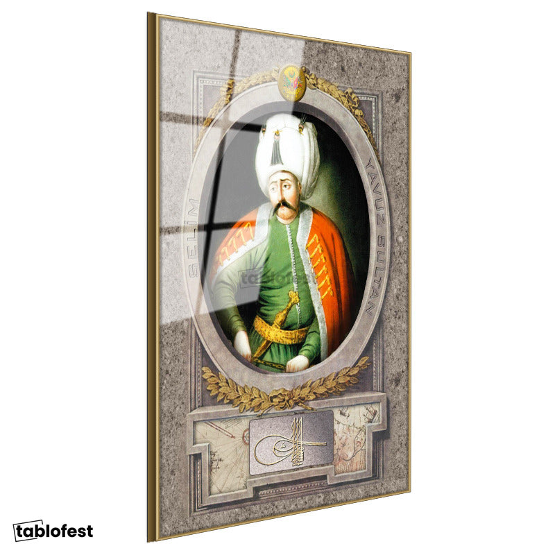 Altın Renk Metal Çerçeveli Tamperli Cam Tablo Yavuz Sultan Selim Portresi Osmanlı Tablosu Duvar Dekoru