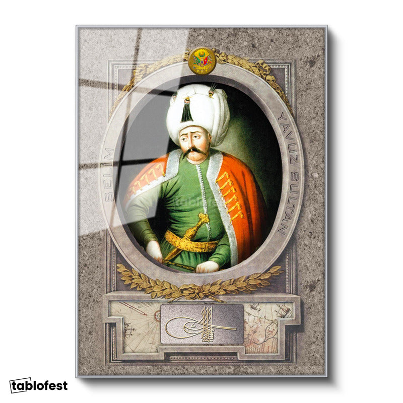 Gümüş Renk Metal Çerçeveli Tamperli Cam Tablo Yavuz Sultan Selim Portresi Osmanlı Tablosu Duvar Dekoru