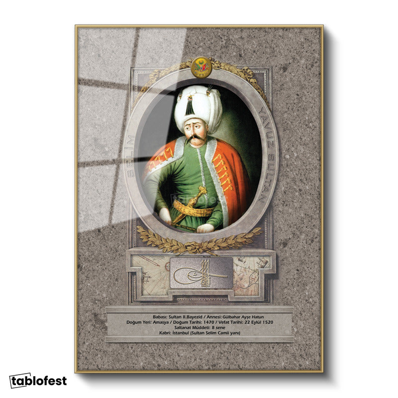 Altın Renk Metal Çerçeveli Tamperli Cam Tablo Yavuz Sultan Selim Klasik Portre Osmanlı Tablosu Duvar Dekoru