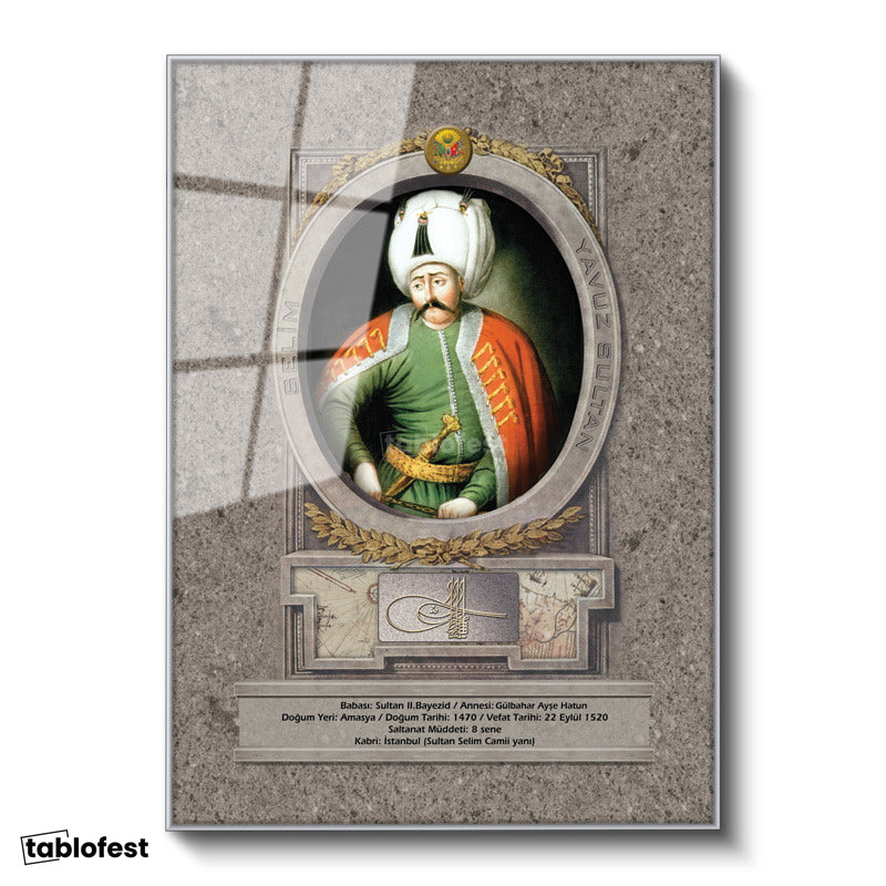 Gümüş Renk Metal Çerçeveli Tamperli Cam Tablo Yavuz Sultan Selim Klasik Portre Osmanlı Tablosu Duvar Dekoru