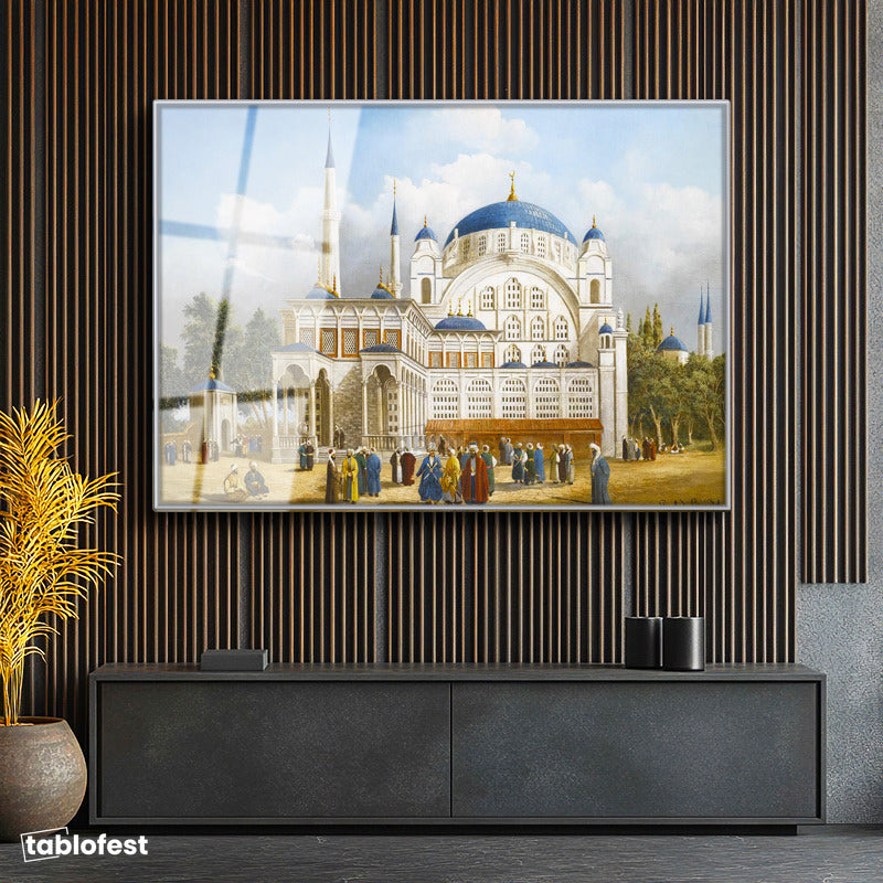 Gümüş Renk Metal Çerçeveli Tamperli Cam Tablo Tarihi Külliye Meydanı Osmanlı Tablosu Duvar Dekoru