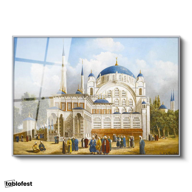 Gümüş Renk Metal Çerçeveli Tamperli Cam Tablo Tarihi Külliye Meydanı Osmanlı Tablosu Duvar Dekoru