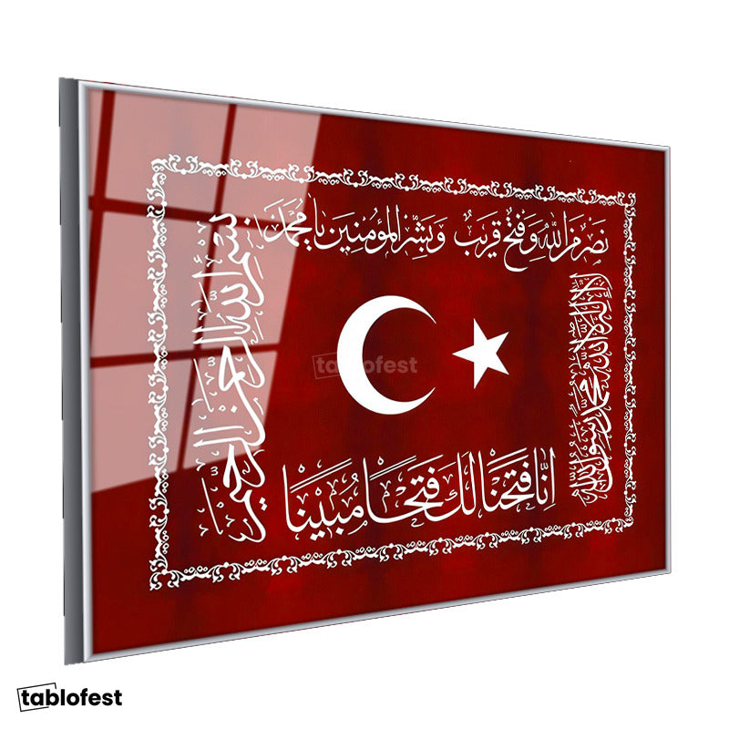 Gümüş Renk Metal Çerçeveli Tamperli Cam Tablo Ay Yıldız ve Fetih Ayeti Osmanlı Tablosu Duvar Dekoru
