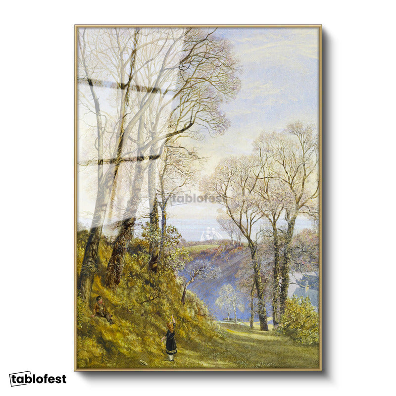 Altın Renk Metal Çerçeveli Tamperli Cam Tablo J.M.W. Turner Ağaçlık Arazi Uzaktan Yelkenli Ressam Tablosu Duvar Dekoru