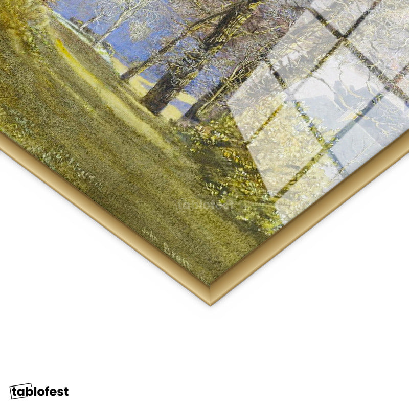 Altın Renk Metal Çerçeveli Tamperli Cam Tablo J.M.W. Turner Ağaçlık Arazi Uzaktan Yelkenli Ressam Tablosu Duvar Dekoru