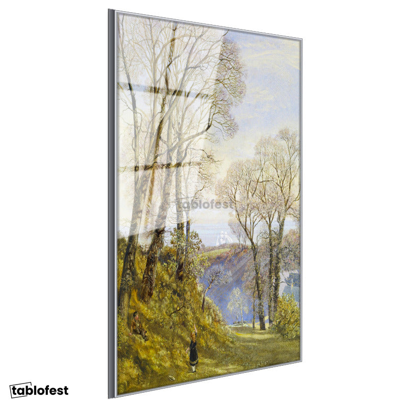 Gümüş Renk Metal Çerçeveli Tamperli Cam Tablo J.M.W. Turner Ağaçlık Arazi Uzaktan Yelkenli Ressam Tablosu Duvar Dekoru