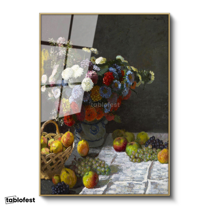 Altın Renk Metal Çerçeveli Tamperli Cam Tablo Claude Monet Meyveler ve Çiçekler Sepetli Natürmort Ressam Tablosu Dekoru