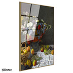 Altın Renk Metal Çerçeveli Tamperli Cam Tablo Claude Monet Meyveler ve Çiçekler Sepetli Natürmort Ressam Tablosu Dekoru