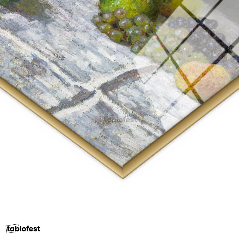 Altın Renk Metal Çerçeveli Tamperli Cam Tablo Claude Monet Meyveler ve Çiçekler Sepetli Natürmort Ressam Tablosu Dekoru