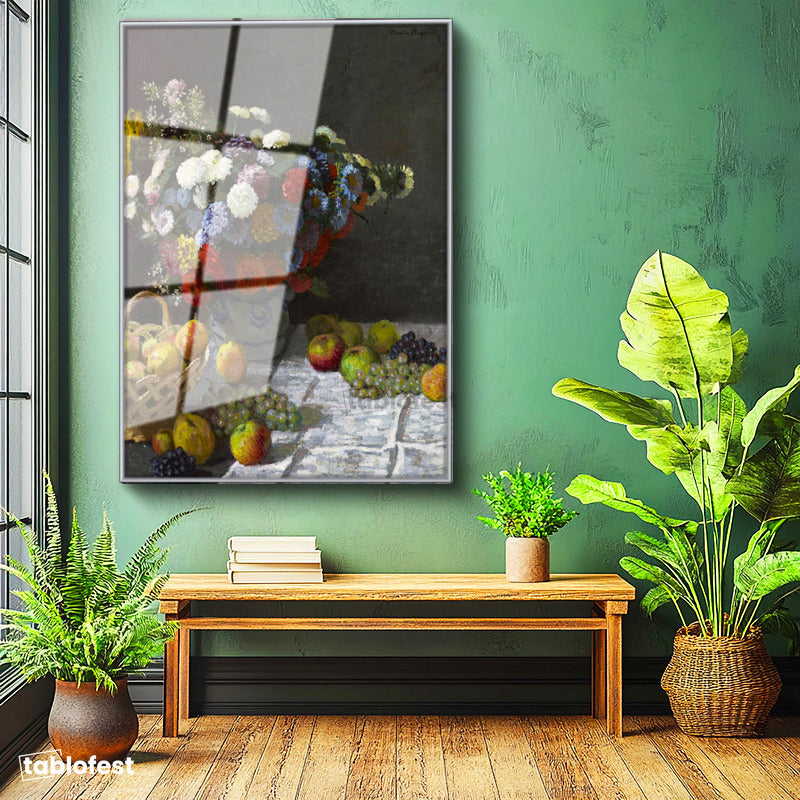 Gümüş Renk Metal Çerçeveli Tamperli Cam Tablo Claude Monet Meyveler ve Çiçekler Sepetli Natürmort Ressam Tablosu Dekoru