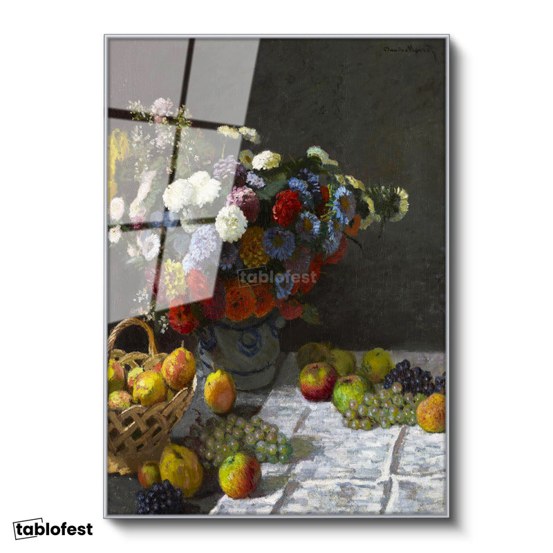 Gümüş Renk Metal Çerçeveli Tamperli Cam Tablo Claude Monet Meyveler ve Çiçekler Sepetli Natürmort Ressam Tablosu Dekoru