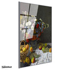 Gümüş Renk Metal Çerçeveli Tamperli Cam Tablo Claude Monet Meyveler ve Çiçekler Sepetli Natürmort Ressam Tablosu Dekoru