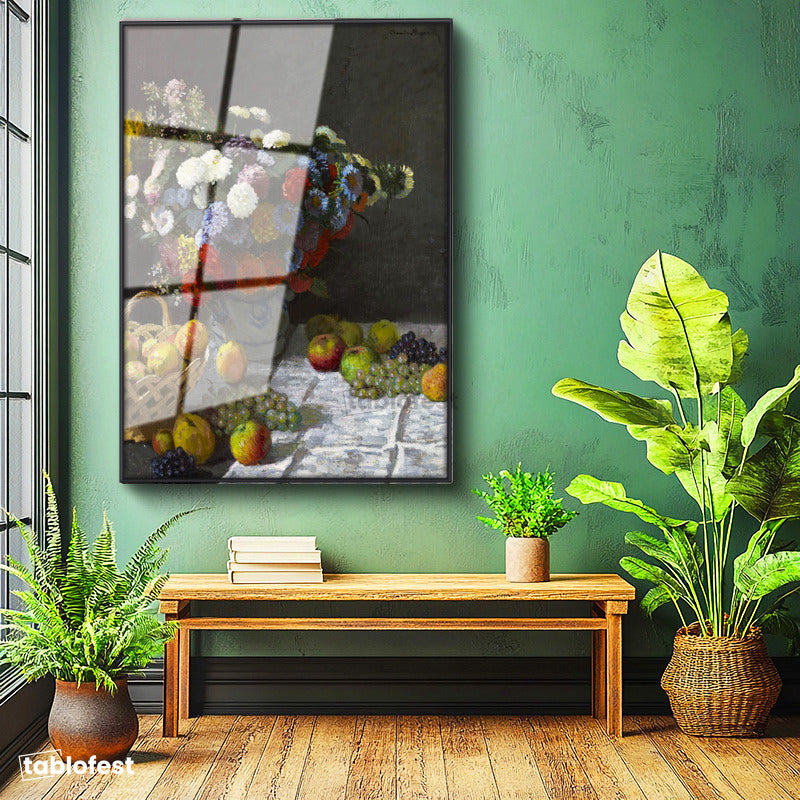 Siyah Renk Metal Çerçeveli Tamperli Cam Tablo Claude Monet Meyveler ve Çiçekler Sepetli Natürmort Ressam Tablosu Dekoru