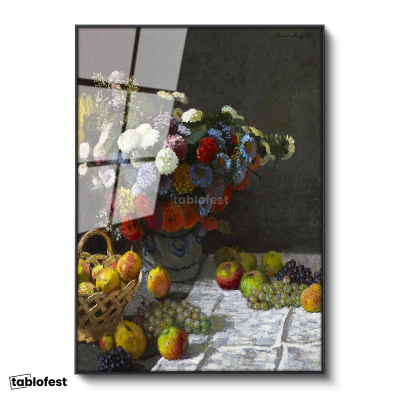 Siyah Renk Metal Çerçeveli Tamperli Cam Tablo Claude Monet Meyveler ve Çiçekler Sepetli Natürmort Ressam Tablosu Dekoru