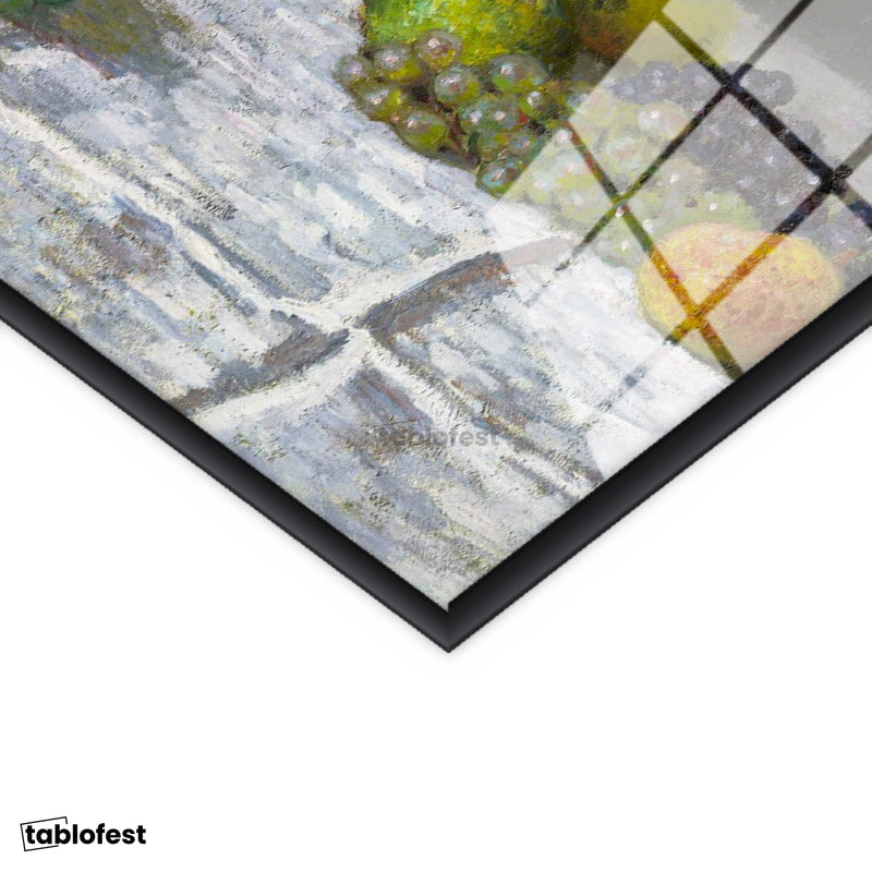 Siyah Renk Metal Çerçeveli Tamperli Cam Tablo Claude Monet Meyveler ve Çiçekler Sepetli Natürmort Ressam Tablosu Dekoru