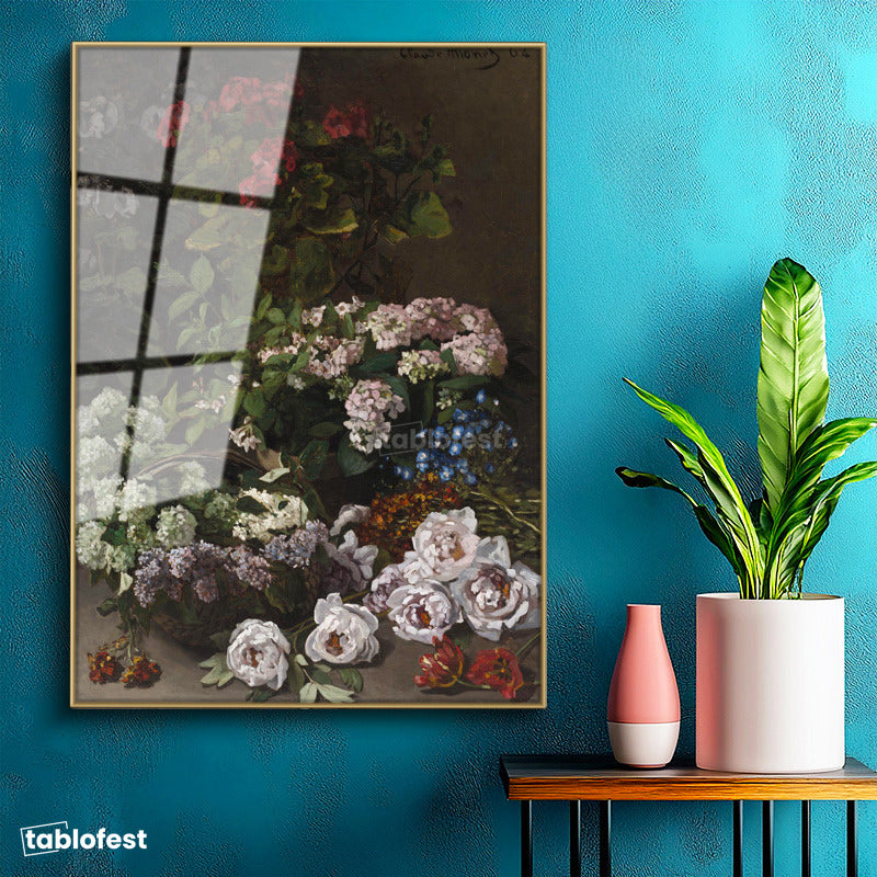 Altın Renk Metal Çerçeveli Tamperli Cam Tablo Claude Monet Sepetli Çiçekler Canlı Renkler Ressam Tablosu Dekoru