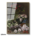 Altın Renk Metal Çerçeveli Tamperli Cam Tablo Claude Monet Sepetli Çiçekler Canlı Renkler Ressam Tablosu Dekoru