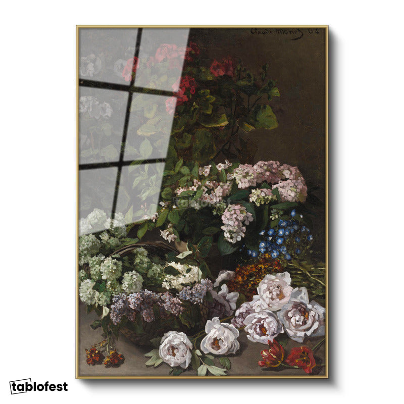 Altın Renk Metal Çerçeveli Tamperli Cam Tablo Claude Monet Sepetli Çiçekler Canlı Renkler Ressam Tablosu Dekoru