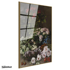 Altın Renk Metal Çerçeveli Tamperli Cam Tablo Claude Monet Sepetli Çiçekler Canlı Renkler Ressam Tablosu Dekoru