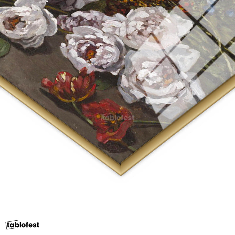 Altın Renk Metal Çerçeveli Tamperli Cam Tablo Claude Monet Sepetli Çiçekler Canlı Renkler Ressam Tablosu Dekoru