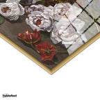 Altın Renk Metal Çerçeveli Tamperli Cam Tablo Claude Monet Sepetli Çiçekler Canlı Renkler Ressam Tablosu Dekoru