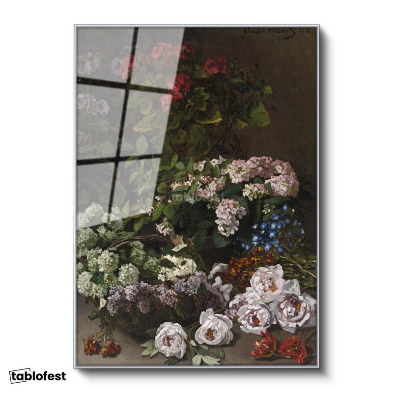 Gümüş Renk Metal Çerçeveli Tamperli Cam Tablo Claude Monet Sepetli Çiçekler Canlı Renkler Ressam Tablosu Dekoru
