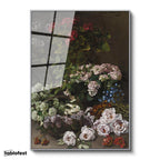 Gümüş Renk Metal Çerçeveli Tamperli Cam Tablo Claude Monet Sepetli Çiçekler Canlı Renkler Ressam Tablosu Dekoru