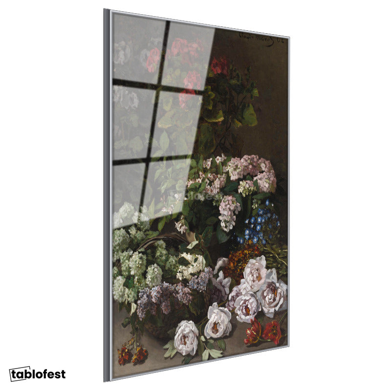 Gümüş Renk Metal Çerçeveli Tamperli Cam Tablo Claude Monet Sepetli Çiçekler Canlı Renkler Ressam Tablosu Dekoru
