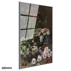 Gümüş Renk Metal Çerçeveli Tamperli Cam Tablo Claude Monet Sepetli Çiçekler Canlı Renkler Ressam Tablosu Dekoru