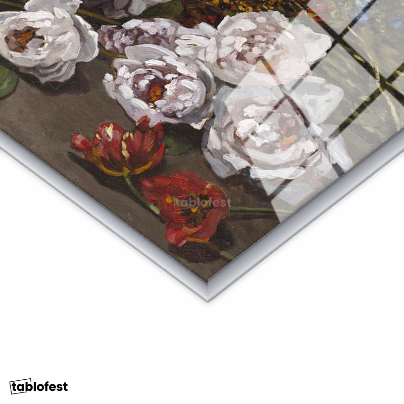 Gümüş Renk Metal Çerçeveli Tamperli Cam Tablo Claude Monet Sepetli Çiçekler Canlı Renkler Ressam Tablosu Dekoru
