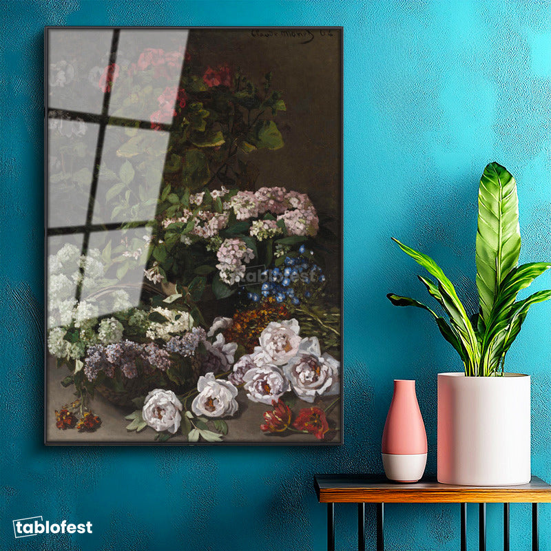 Siyah Renk Metal Çerçeveli Tamperli Cam Tablo Claude Monet Sepetli Çiçekler Canlı Renkler Ressam Tablosu Dekoru