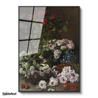 Siyah Renk Metal Çerçeveli Tamperli Cam Tablo Claude Monet Sepetli Çiçekler Canlı Renkler Ressam Tablosu Dekoru