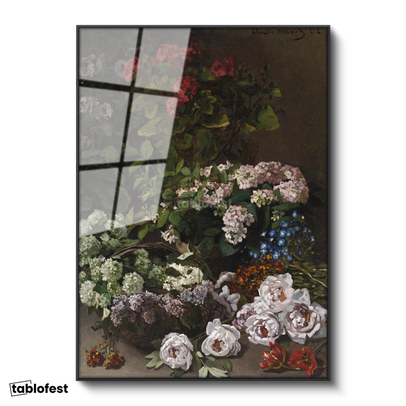 Siyah Renk Metal Çerçeveli Tamperli Cam Tablo Claude Monet Sepetli Çiçekler Canlı Renkler Ressam Tablosu Dekoru