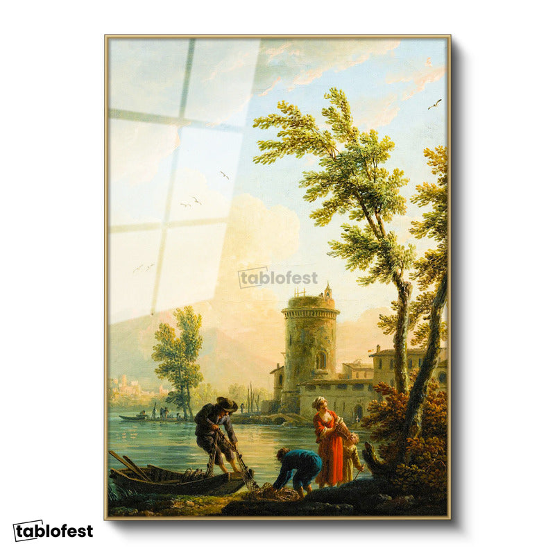 Altın Renk Metal Çerçeveli Tamperli Cam Tablo C.J. Vernet Balıkçılar Kıyı Kulesi Deniz Kenarı Ressam Tablosu Dekoru