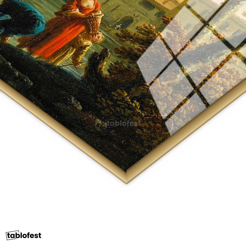 Altın Renk Metal Çerçeveli Tamperli Cam Tablo C.J. Vernet Balıkçılar Kıyı Kulesi Deniz Kenarı Ressam Tablosu Dekoru