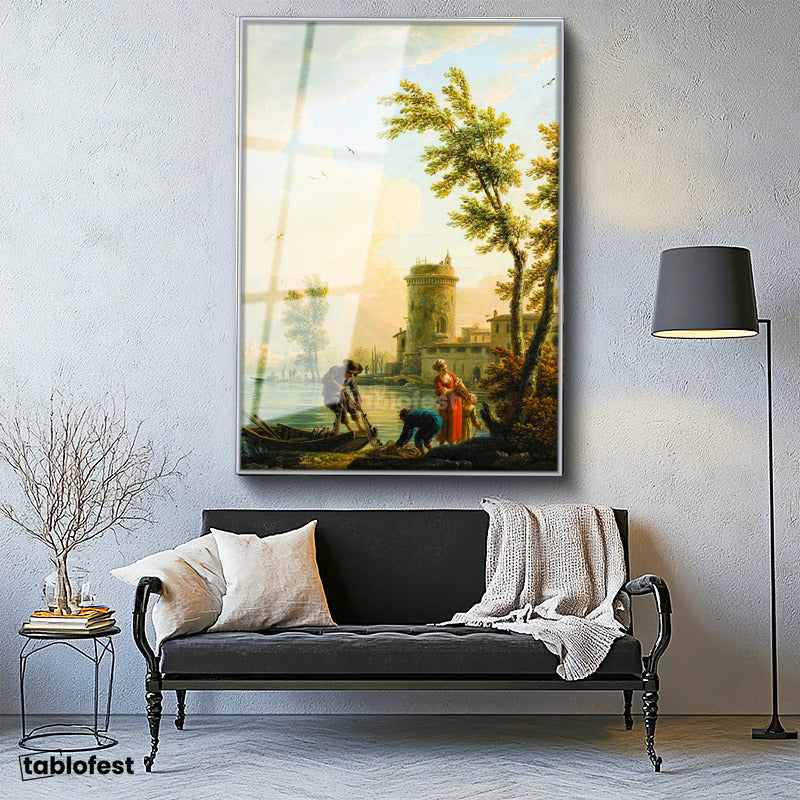 Gümüş Renk Metal Çerçeveli Tamperli Cam Tablo C.J. Vernet Balıkçılar Kıyı Kulesi Deniz Kenarı Ressam Tablosu Dekoru