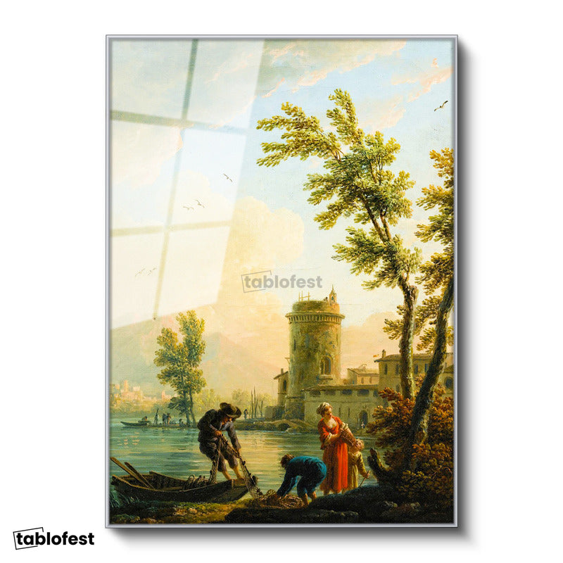 Gümüş Renk Metal Çerçeveli Tamperli Cam Tablo C.J. Vernet Balıkçılar Kıyı Kulesi Deniz Kenarı Ressam Tablosu Dekoru