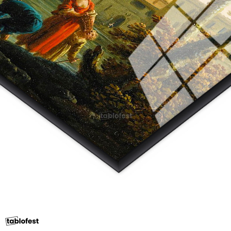 Siyah Renk Metal Çerçeveli Tamperli Cam Tablo C.J. Vernet Balıkçılar Kıyı Kulesi Deniz Kenarı Ressam Tablosu Dekoru