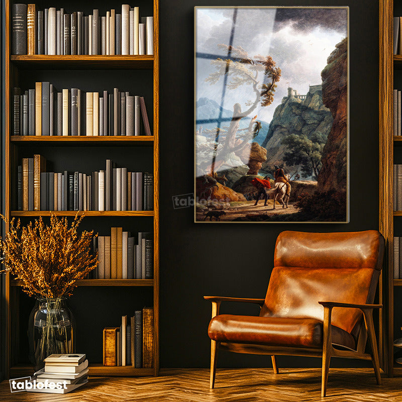Altın Renk Metal Çerçeveli Tamperli Cam Tablo C.J. Vernet Kale Manzarası Öncesi Yağmurlu Atmosfer Ressam Tablosu Dekoru