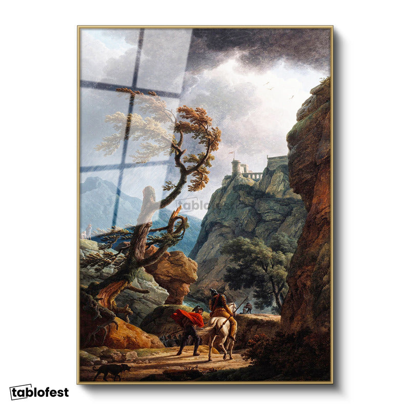 Altın Renk Metal Çerçeveli Tamperli Cam Tablo C.J. Vernet Kale Manzarası Öncesi Yağmurlu Atmosfer Ressam Tablosu Dekoru