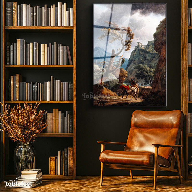 Siyah Renk Metal Çerçeveli Tamperli Cam Tablo C.J. Vernet Kale Manzarası Öncesi Yağmurlu Atmosfer Ressam Tablosu Dekoru