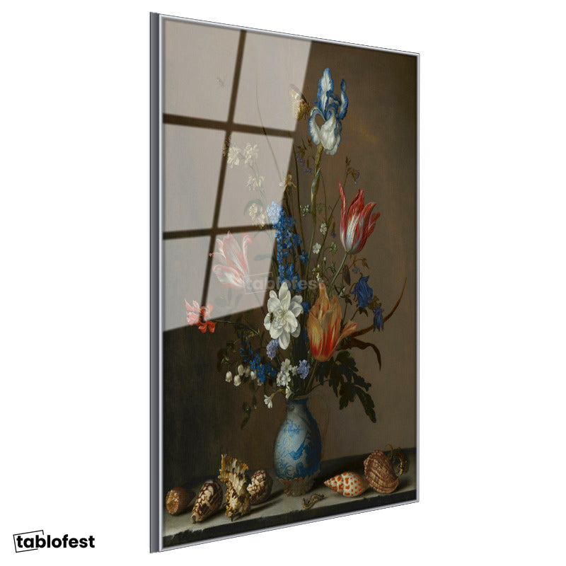 Gümüş Renk Metal Çerçeveli Tamperli Cam Tablo Jan van Huysum Vazolu Çiçekler Deniz Kabukları Ressam Tablosu Dekoru