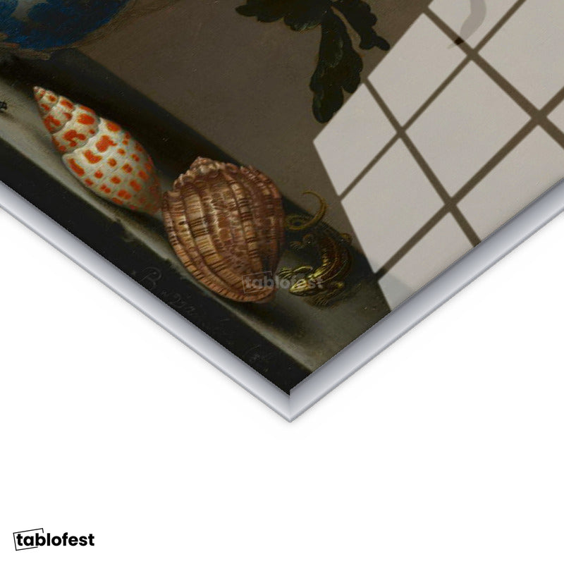 Gümüş Renk Metal Çerçeveli Tamperli Cam Tablo Jan van Huysum Vazolu Çiçekler Deniz Kabukları Ressam Tablosu Dekoru
